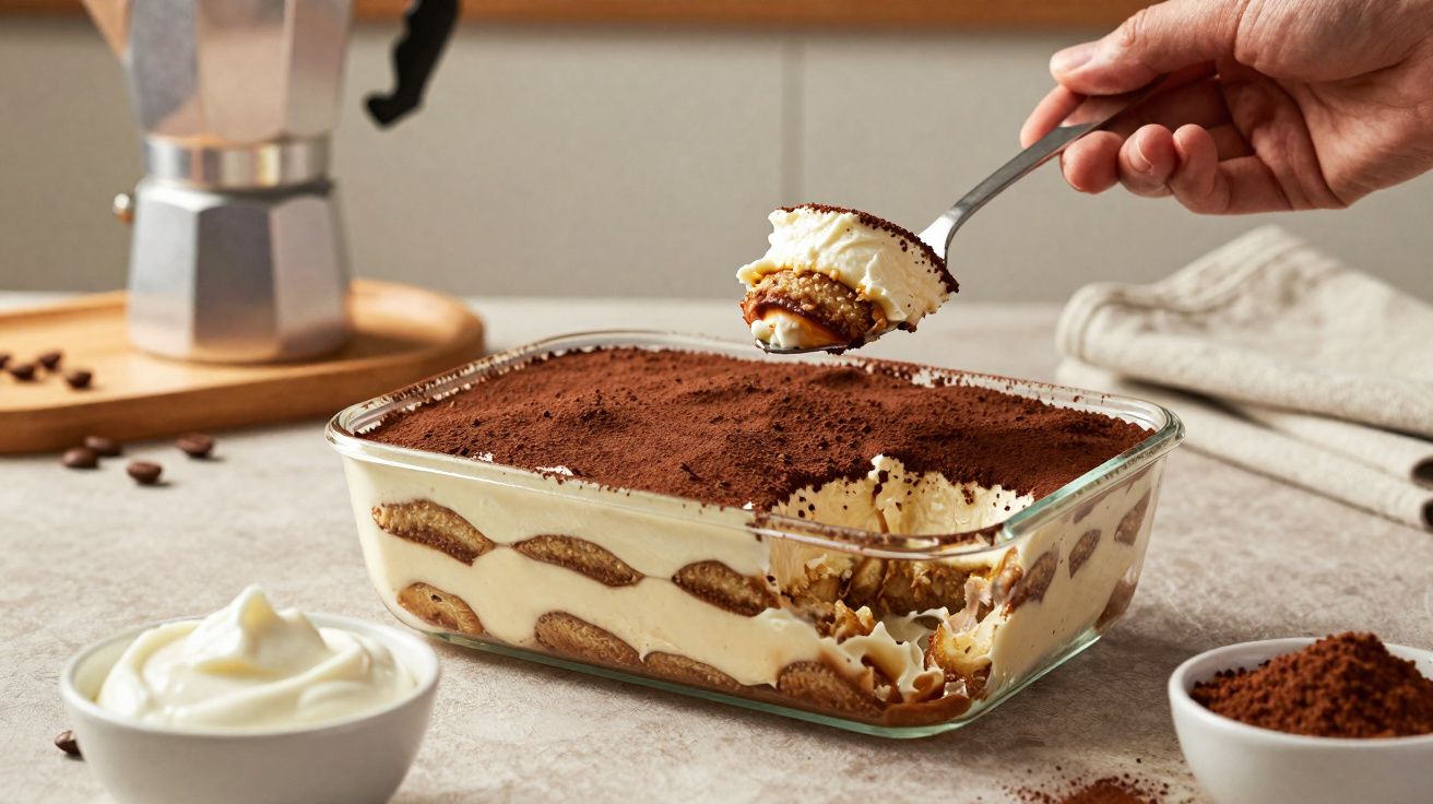 Tiramisú servido em travessa de vidro, com colher a pegar uma porção cremosa e polvilhada com cacau.