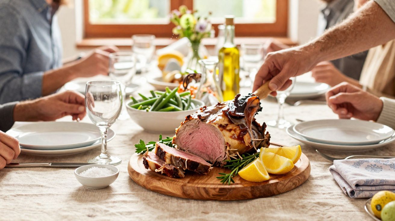 Pessoas à mesa com prato central de carne assada fatiada, limões e legumes para uma refeição partilhada.