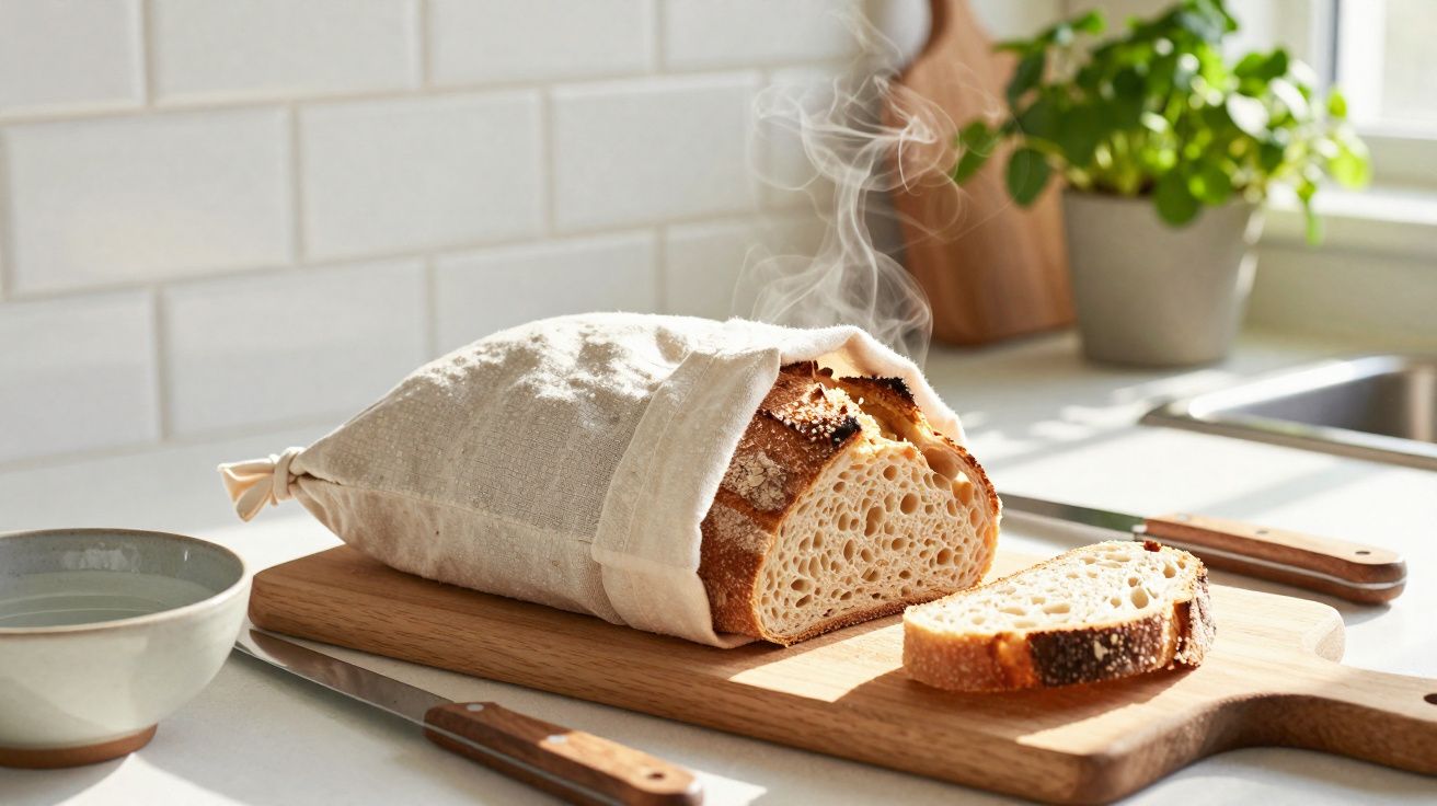 Pão quente com vapor coberto parcialmente por saco de pano, com fatia cortada sobre tábua de madeira na cozinha.