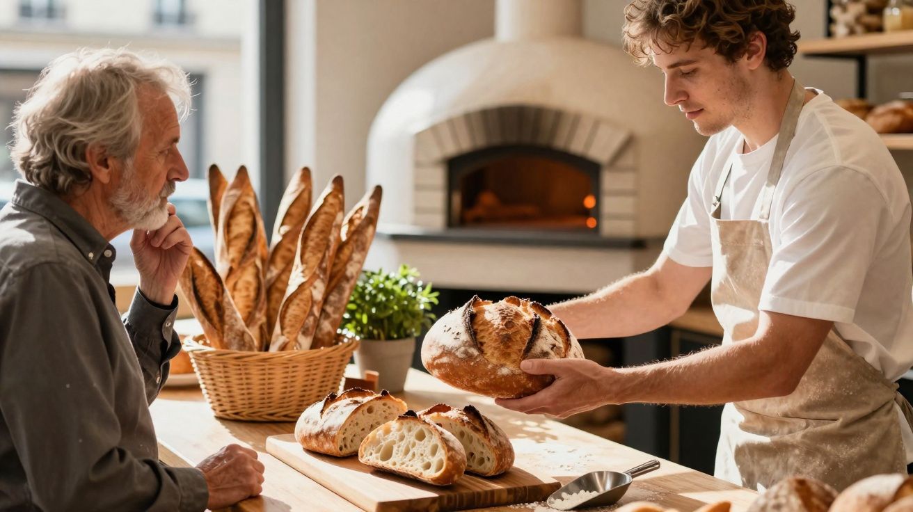 Homem vendedor a mostrar pão fresco a cliente idoso numa padaria com forno a lenha ao fundo.