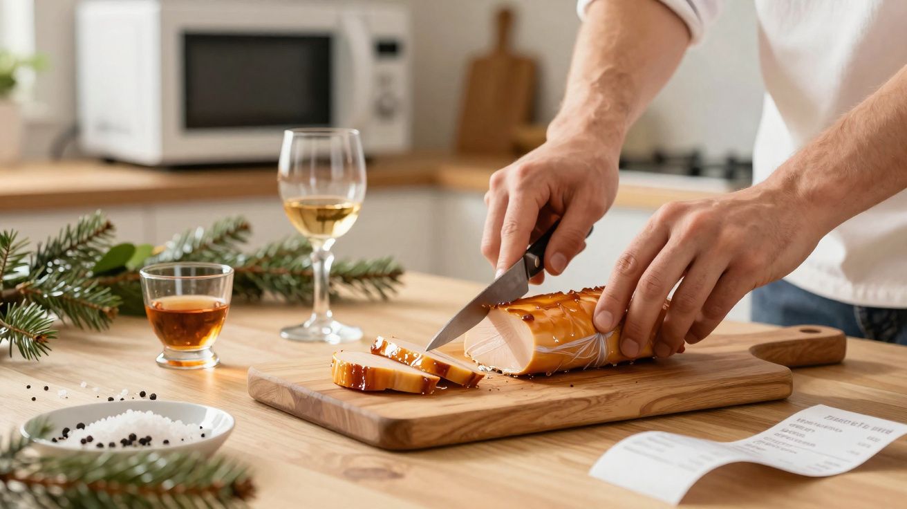 Pessoa a cortar fiambre fumado em fatias numa tábua de madeira numa cozinha com bebidas ao fundo.