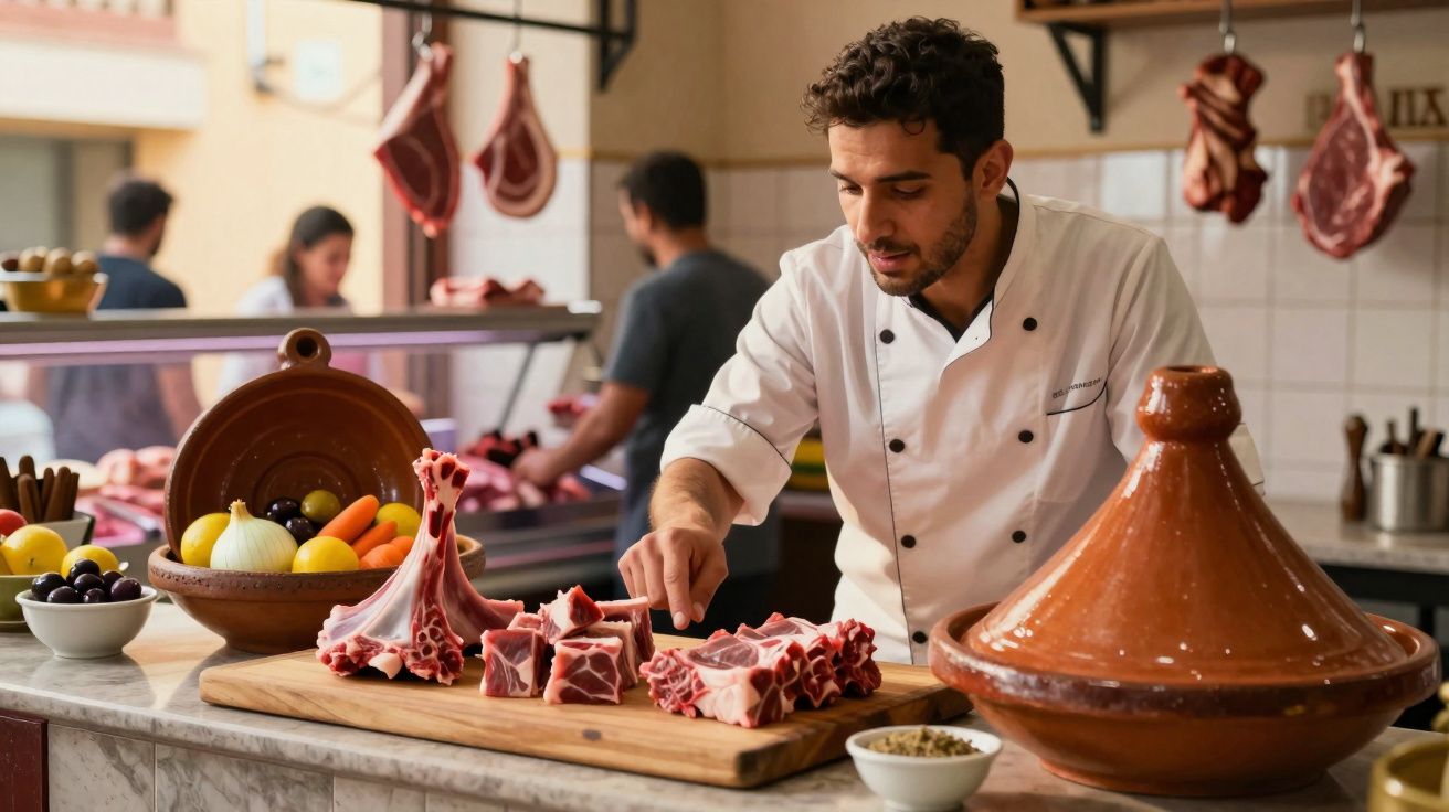 Chefe a preparar cortes de carne vermelha numa cozinha tradicional com tagine de barro e legumes frescos.