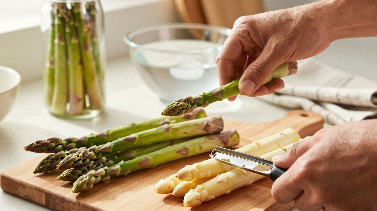 Mãos a limpar espargos brancos com um descascador numa tábua, espargos verdes no fundo.