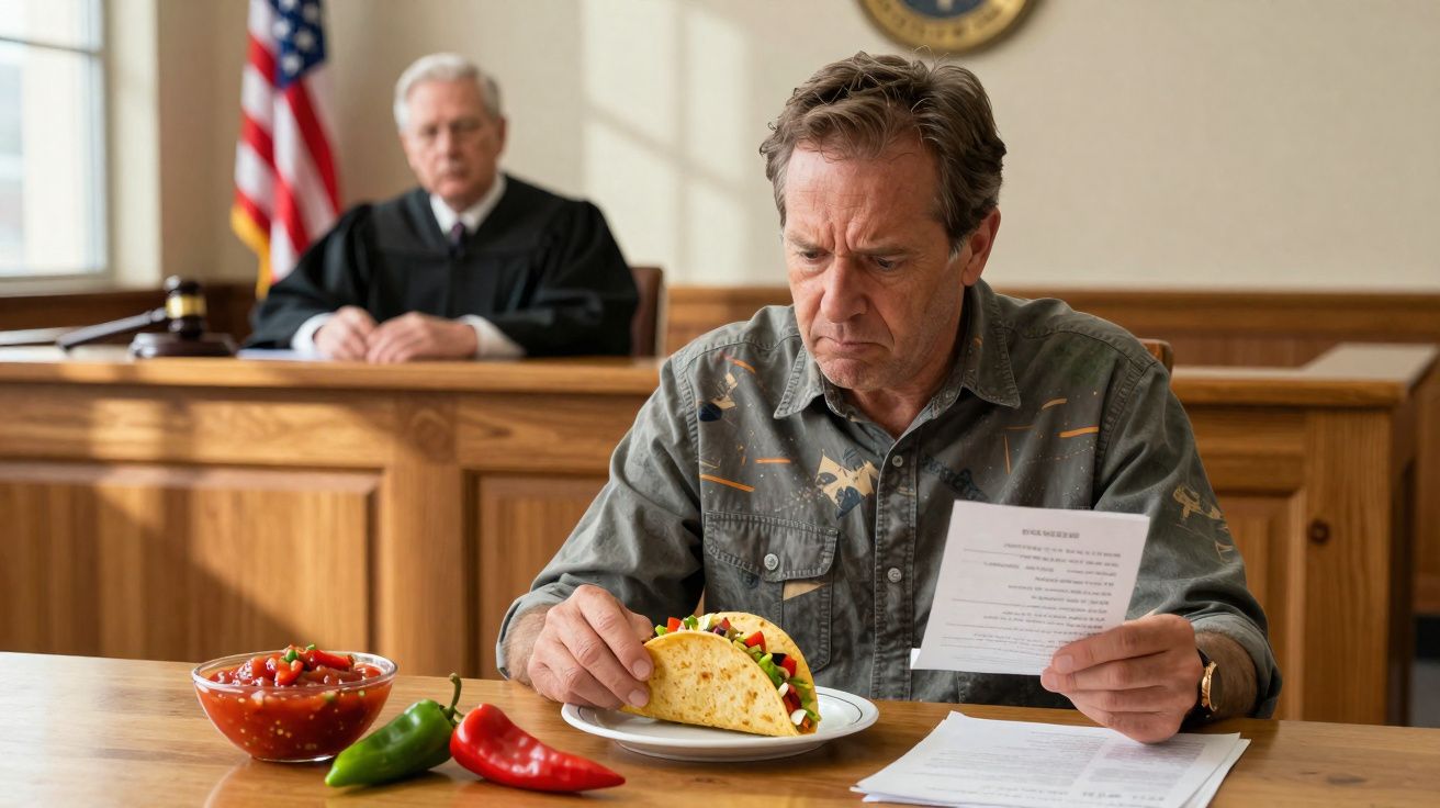 Homem sentado numa sala de tribunal a ler documento enquanto segura taco, com juiz ao fundo.