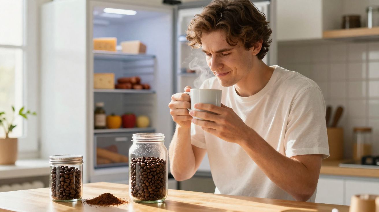 Jovem cheira uma chávena de café quente numa cozinha com frascos de grãos e café moído na mesa.