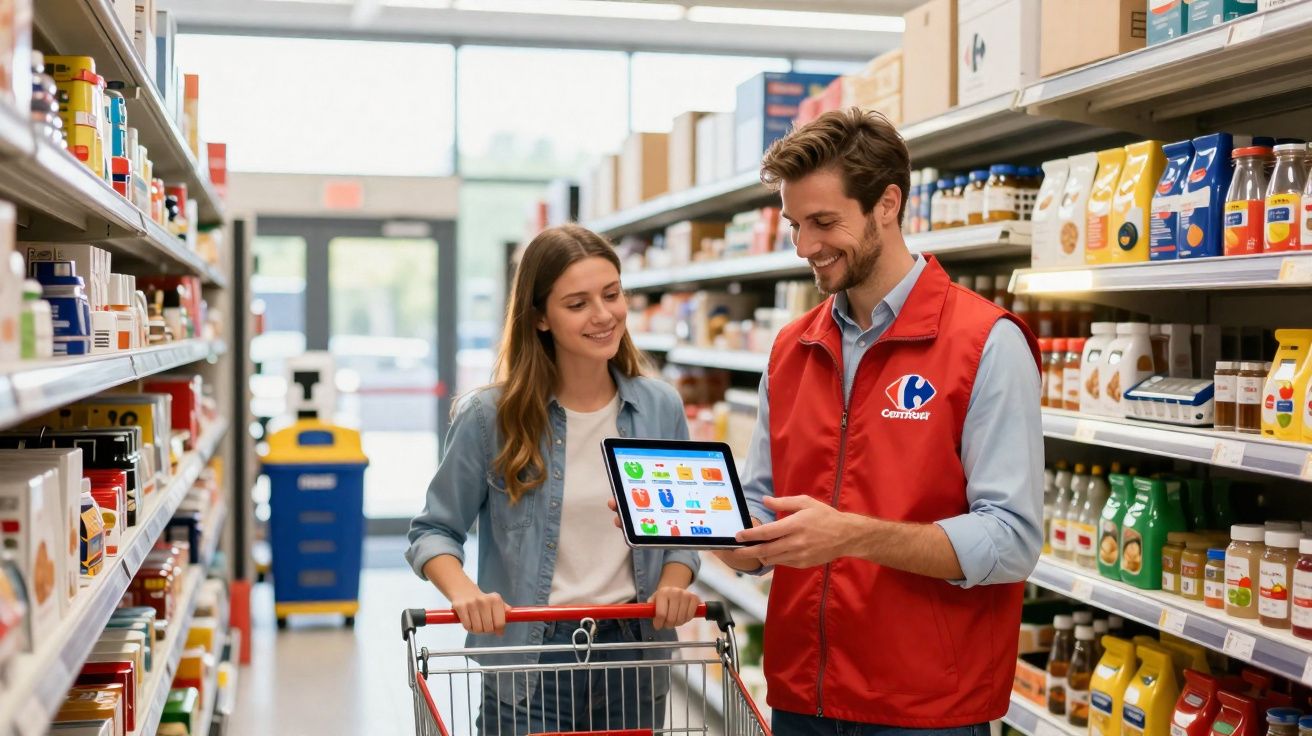 Funcionário com colete vermelho auxilia cliente jovem numa linha de produtos alimentares num supermercado.