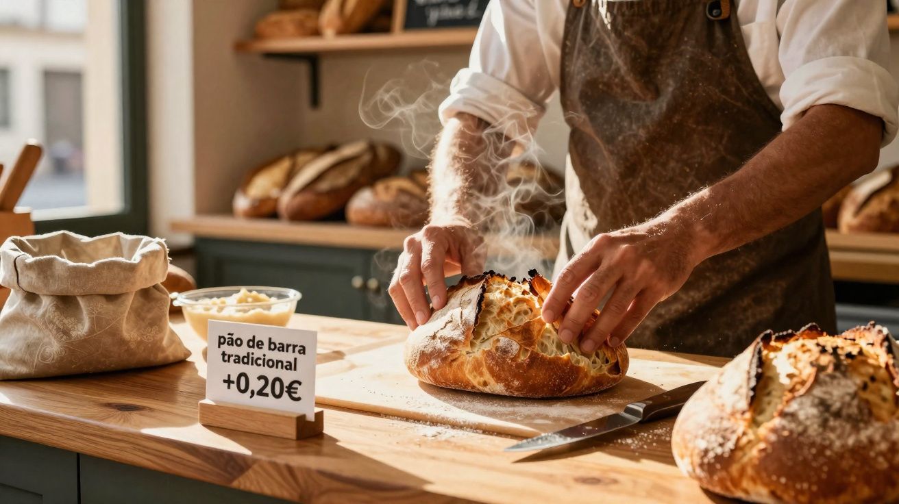 Pessoa a partir um pão rústico quente em tabuleiro de madeira numa padaria tradicional.