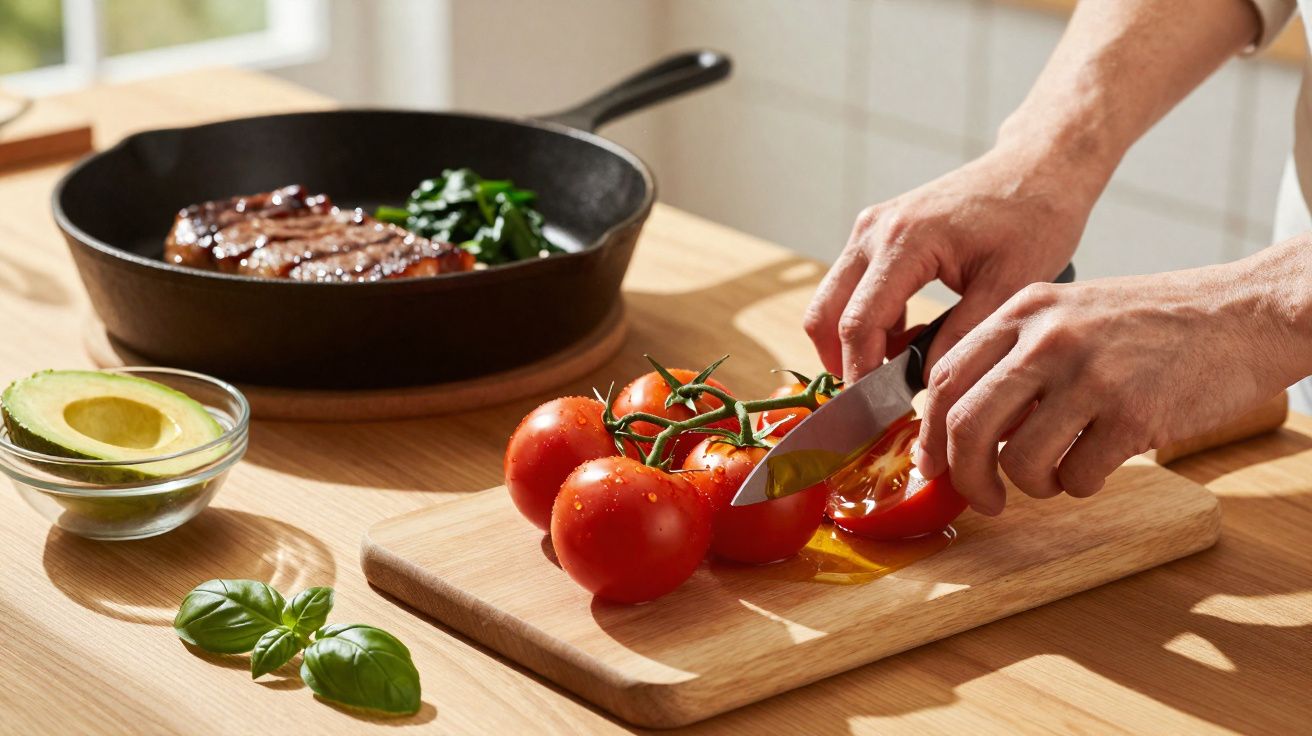 Pessoa a cortar tomates frescos numa tábua de madeira, com abacate, manjericão e carne frita ao fundo.