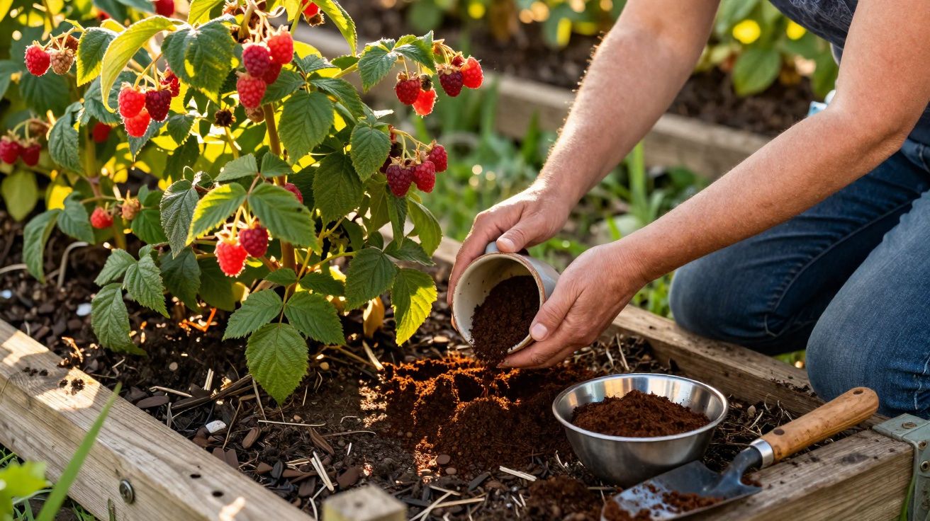 Pessoa a fertilizar o solo de um canteiro com morangos vermelhos maduros ao sol.