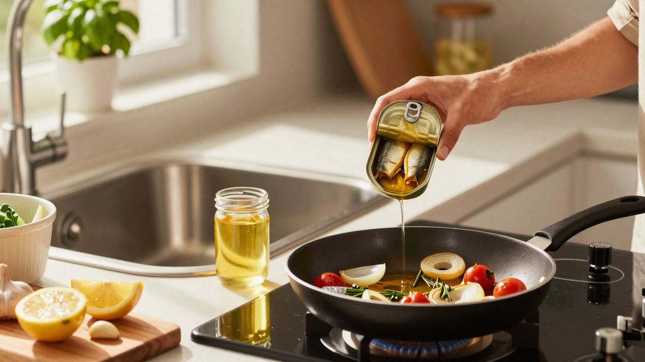 Pessoa a cozinhar tomate, cebola e sardinhas em lata numa frigideira numa cozinha moderna com luz natural