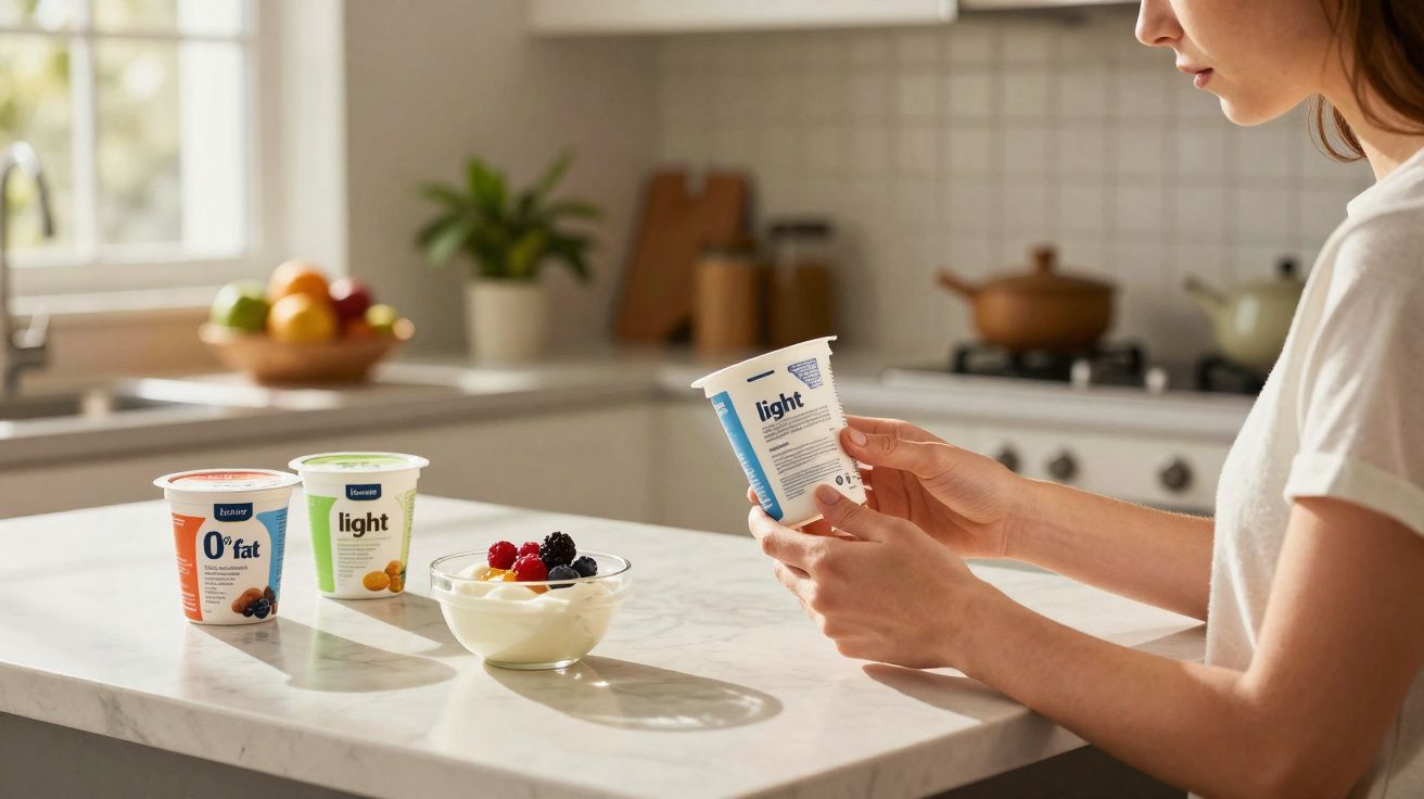 Pessoa a ler embalagem de iogurte light numa cozinha com iogurtes e tigela de fruta sobre a bancada branca.