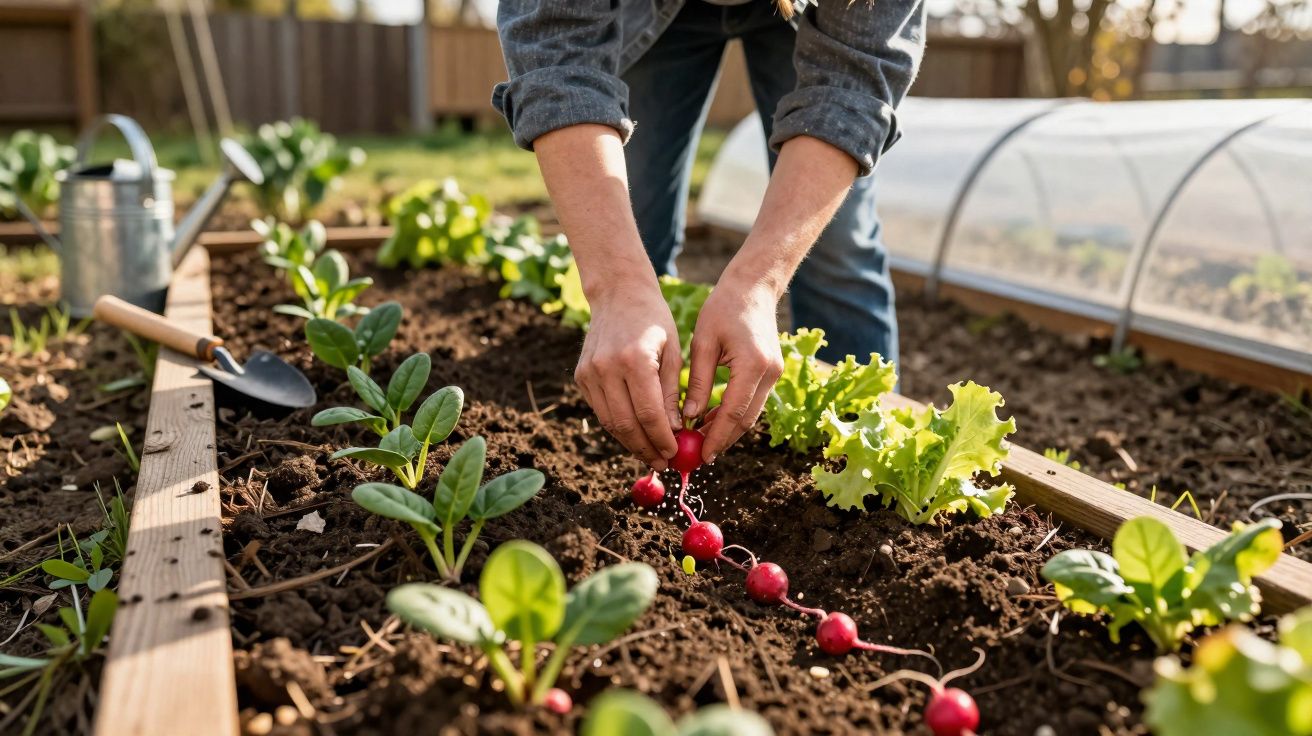 Pessoa a colher rabanetes frescos num canteiro de jardim com outras plantas verdes à volta.