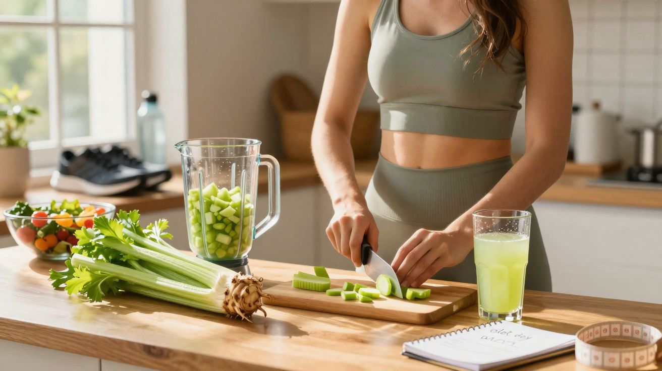 Mulher a cortar aipo numa tábua de cozinha, com legumes, liquidificador e sumo verde ao lado.