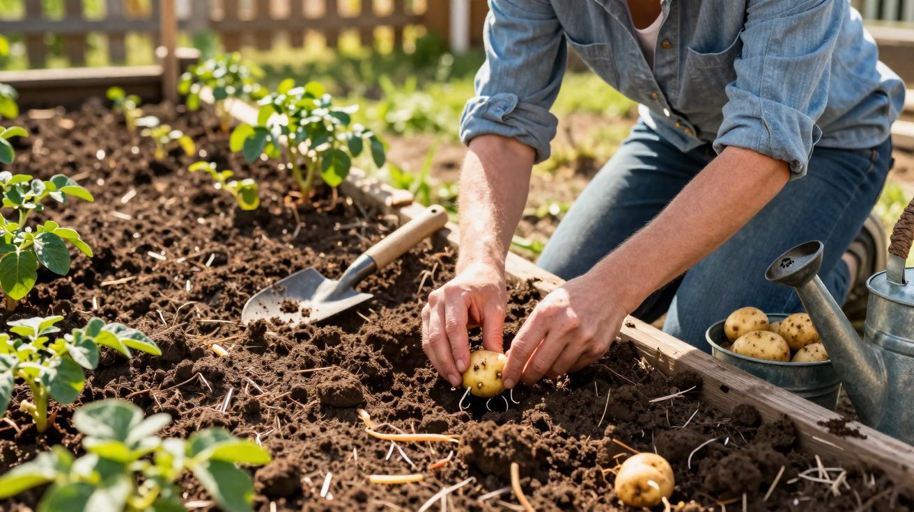 Pessoa a plantar batatas num canteiro de terra junto a uma regadeira e uma pá de jardim.