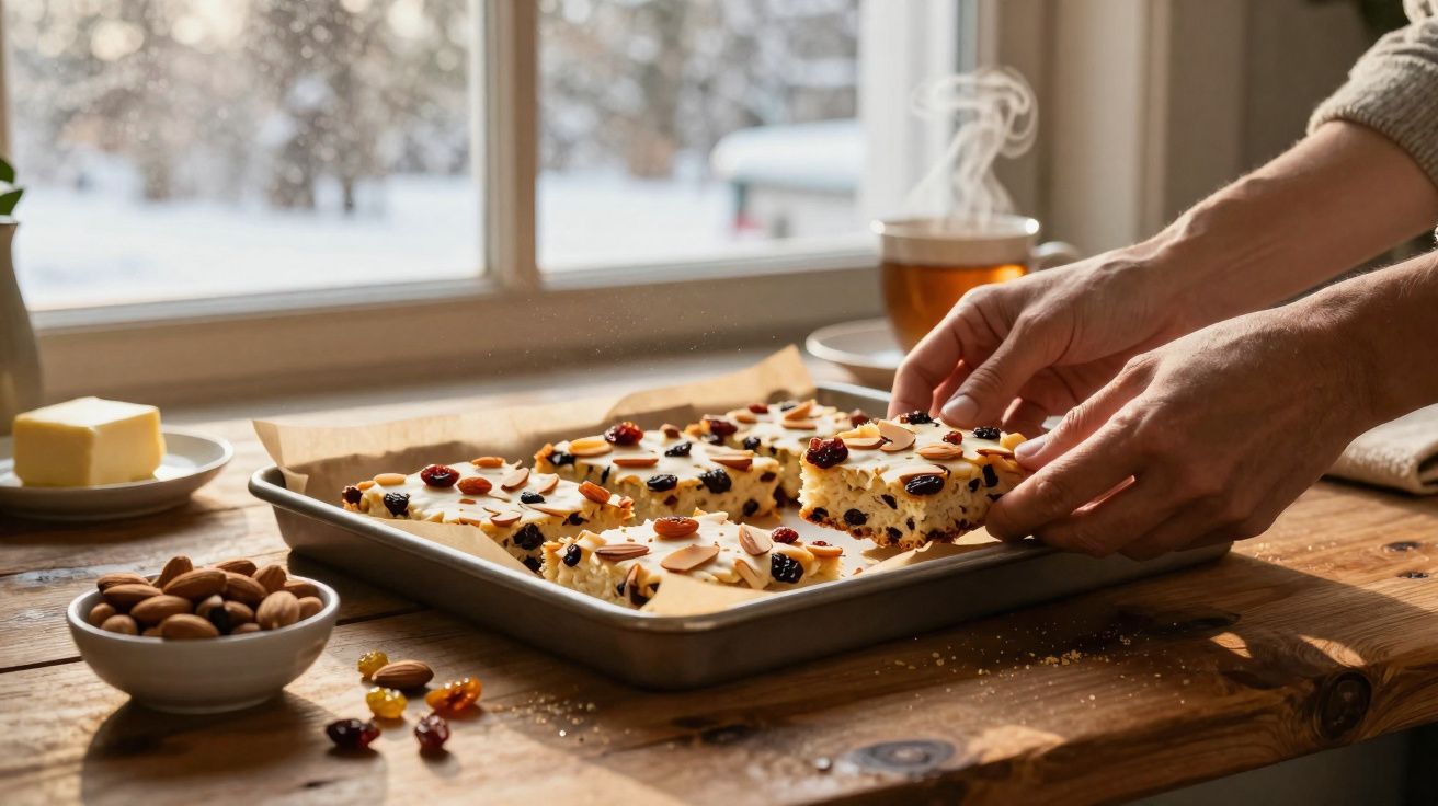 Pessoa a pegar fatia de bolo caseiro com frutos secos numa forma, perto de uma chávena de chá quente.