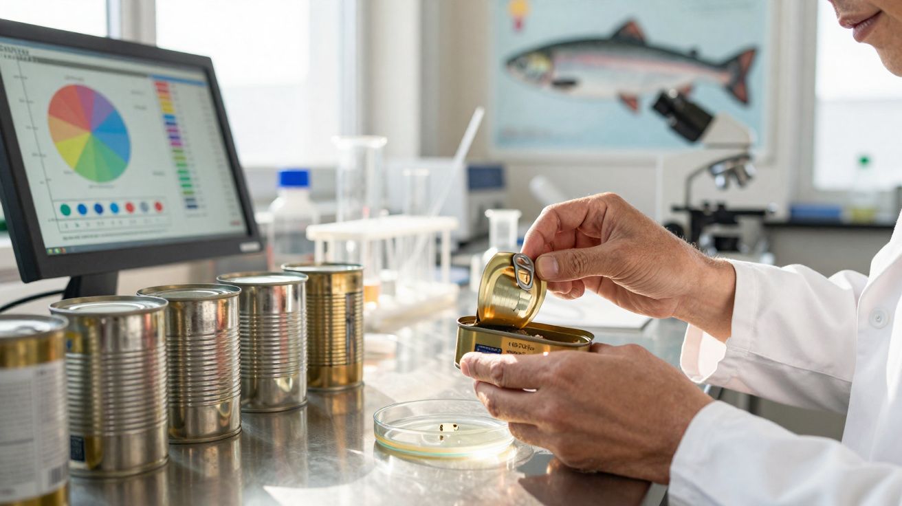 Mãos de cientista a abrir lata de peixe para análise em laboratório com computador e amostras.