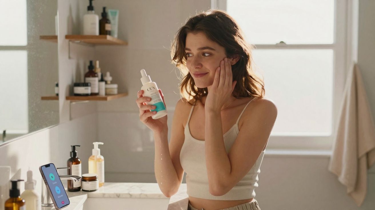 Mulher aplica sérum facial no rosto numa casa de banho luminosa com vários produtos de beleza à vista.