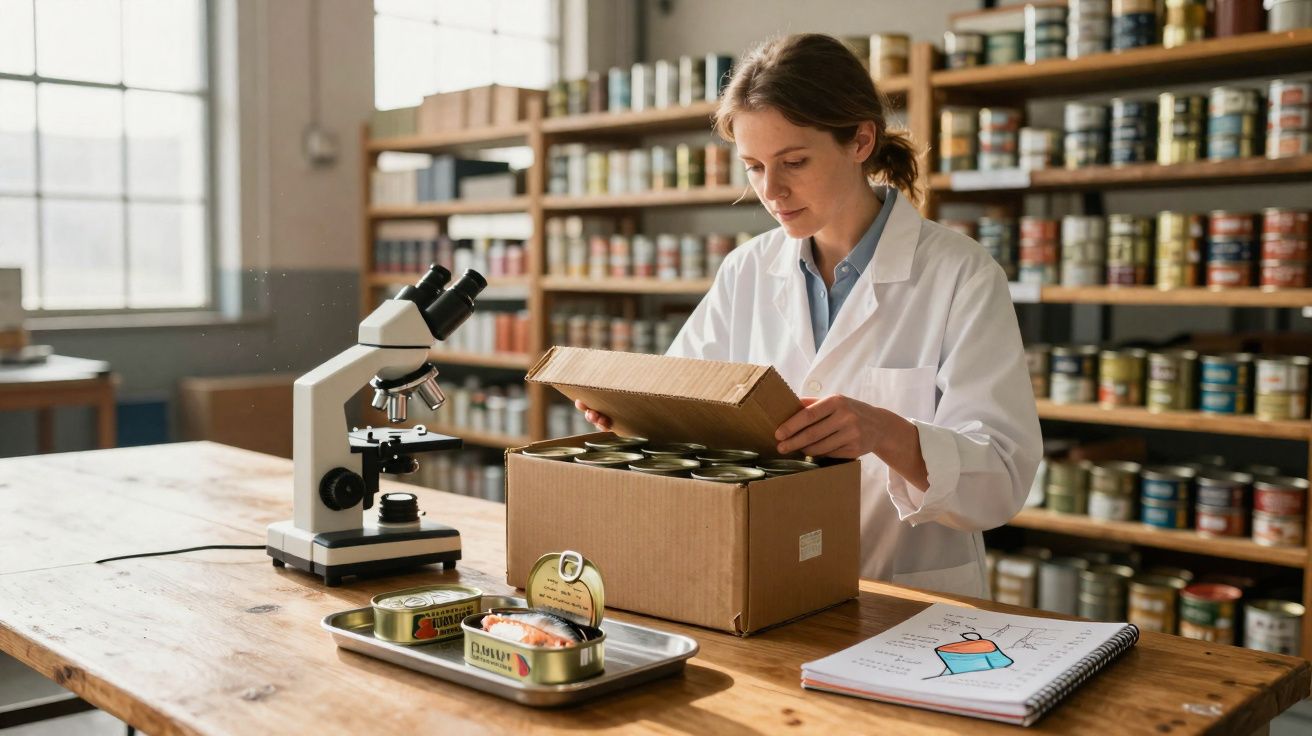 Mulher com bata branca examina conservas enlatadas numa caixa, ao lado de microscópio e caderno numa mesa.