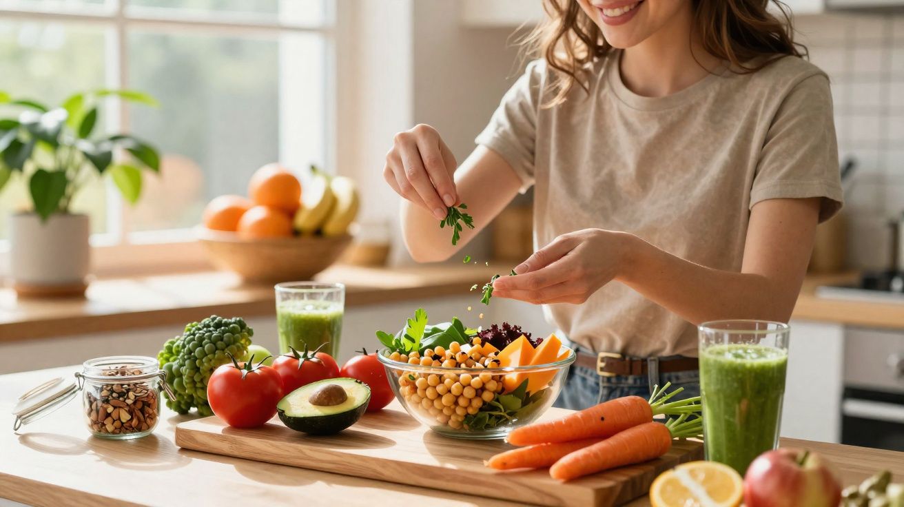 Mulher prepara uma salada saudável com legumes frescos e sumos verdes numa cozinha iluminada.