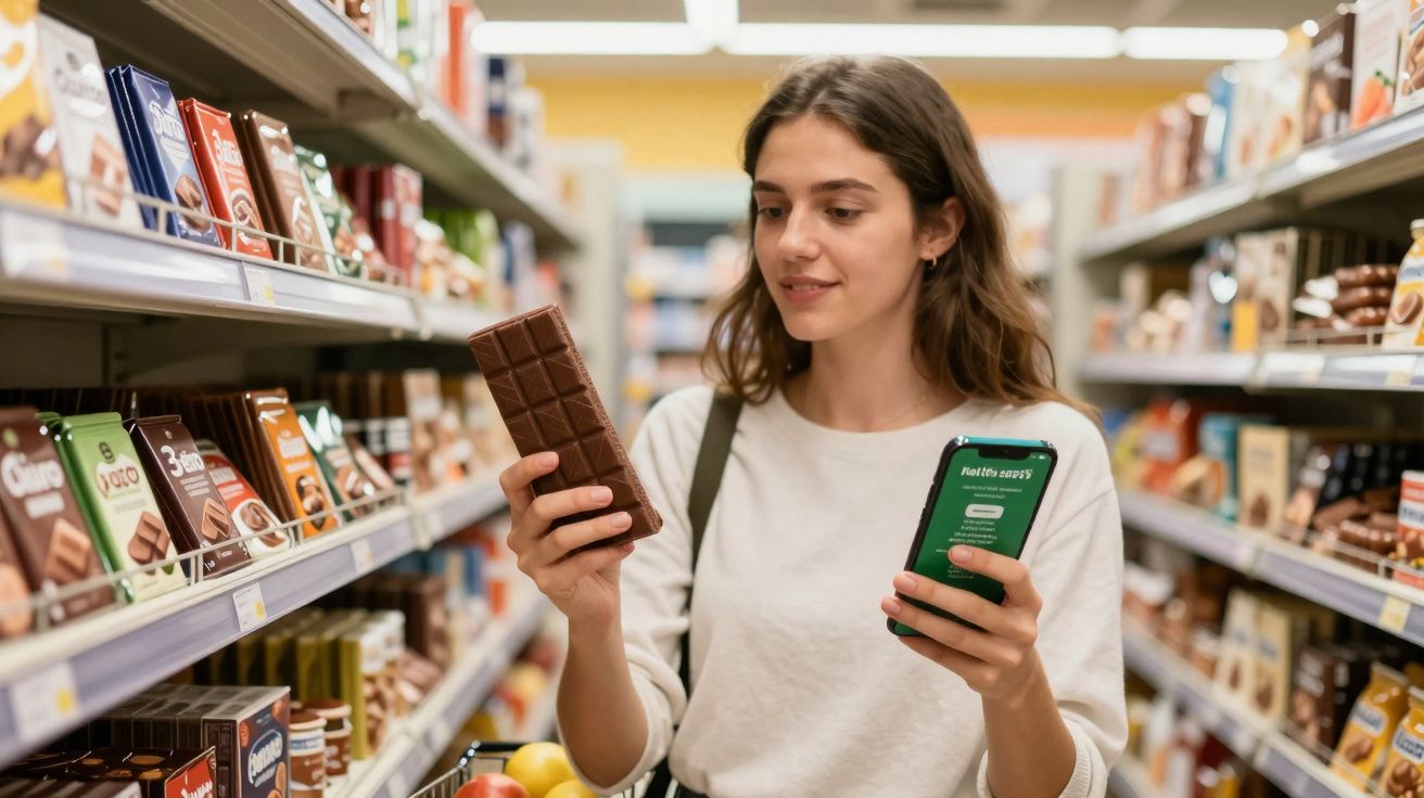 Mulher em supermercado compara barra de chocolate enquanto consulta aplicativo no telemóvel.
