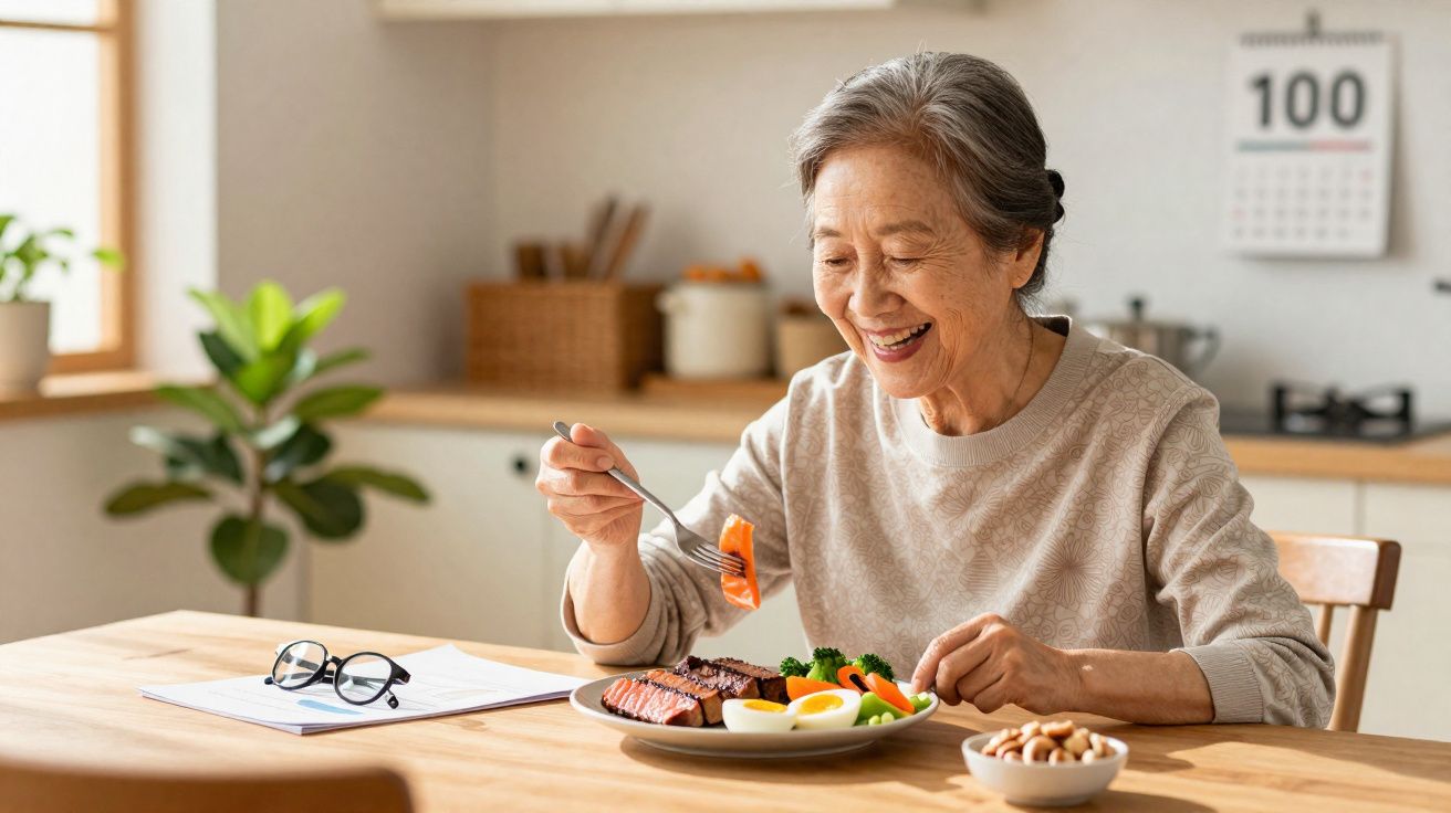 Idosa sorridente a comer uma refeição saudável com peixe, ovos e legumes numa cozinha luminosa.