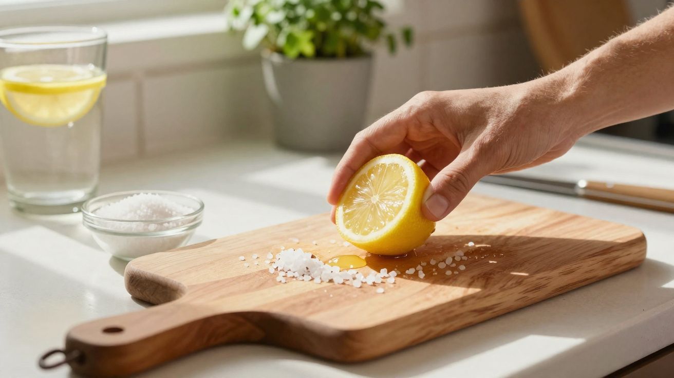 Mão a espremer meio limão sobre tábua de madeira com sal grosso, copo com água e limão ao fundo.