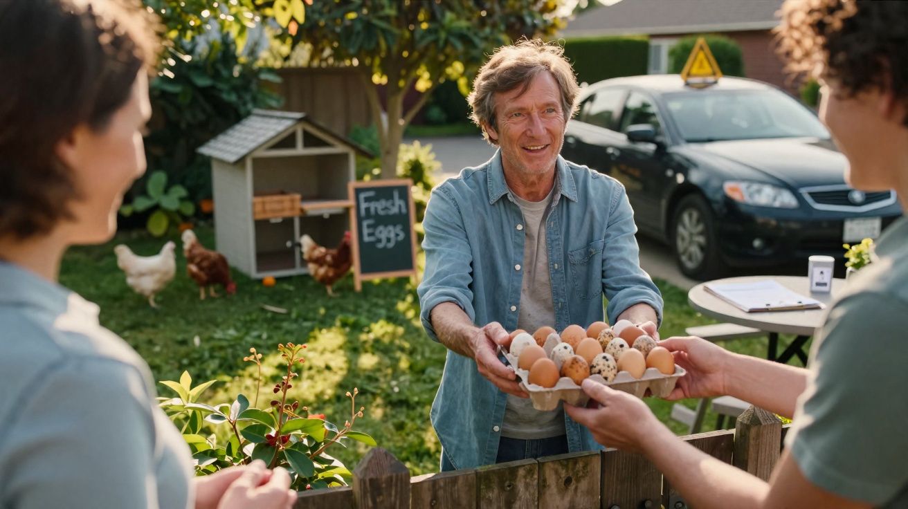 Homem entrega caixa de ovos frescos a casal num jardim com galinhas ao fundo.