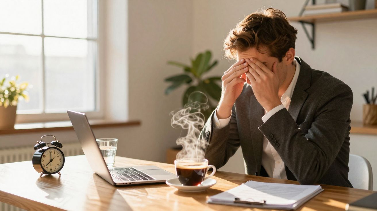 Homem de fato sentado à secretária com laptop, segurando a cabeça com ambas as mãos, parecendo cansado.