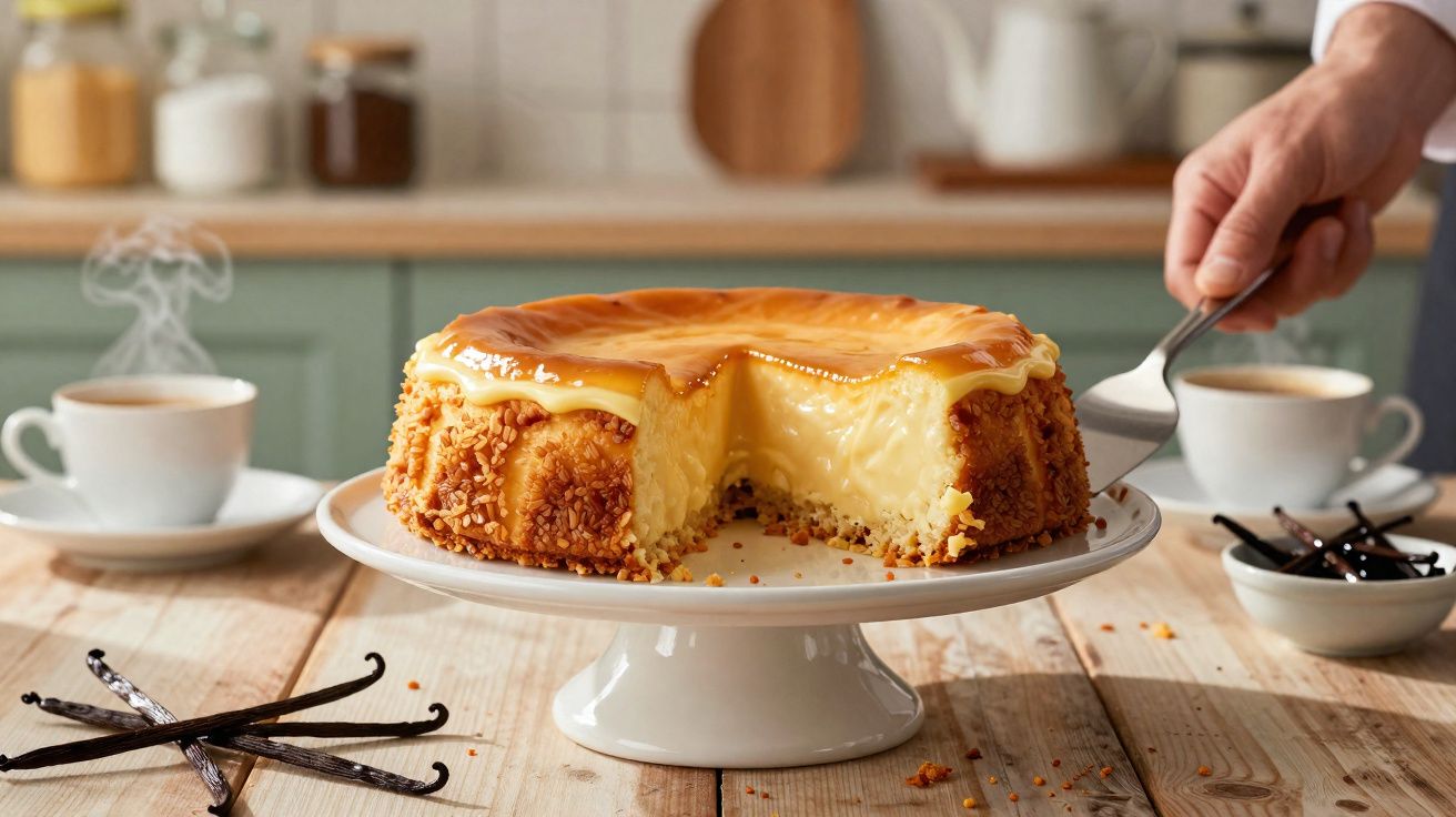 Bolo cremoso com cobertura caramelizada e crosta, servido numa base branca sobre mesa de madeira.