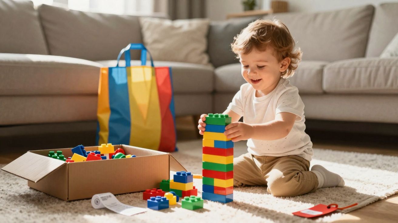 Criança sorridente a brincar com blocos de construção coloridos numa sala de estar acolhedora.