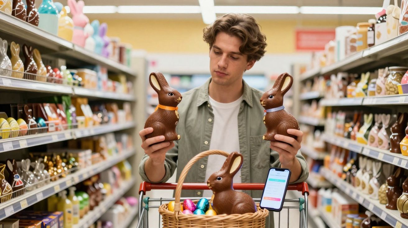 Homem jovem escolhe entre dois coelhos de chocolate numa loja decorada para a Páscoa.