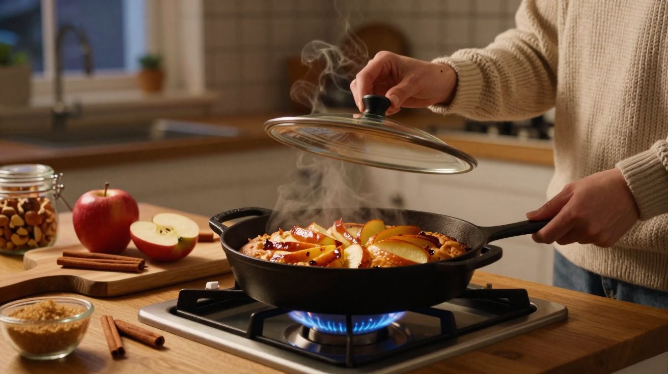 Pessoa a levantar a tampa de uma frigideira com maçãs a cozinhar num fogão a gás numa cozinha.
