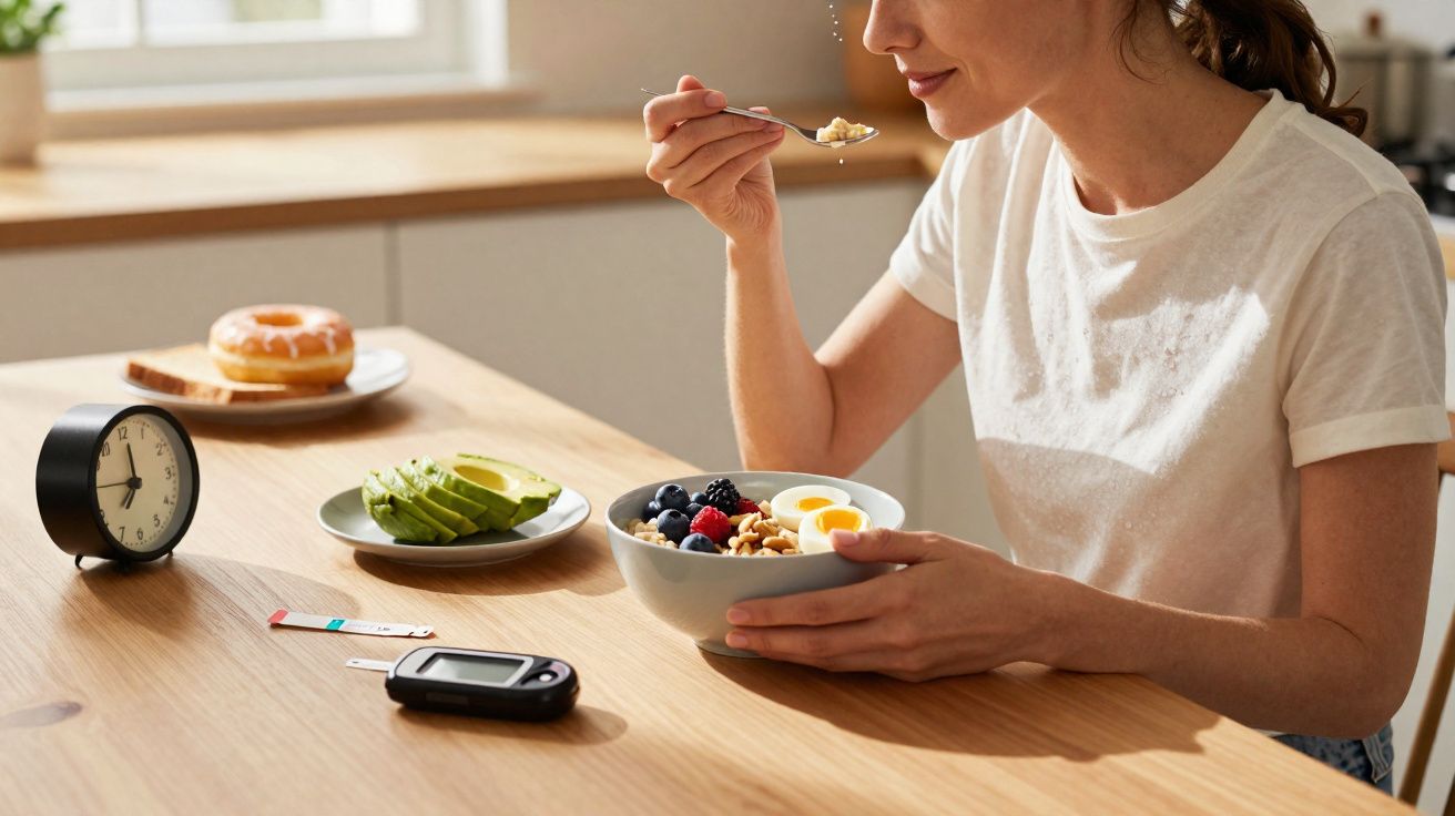 Mulher a comer pequeno-almoço saudável na cozinha com relógio, teste de glicemia e alimentos à sua frente.