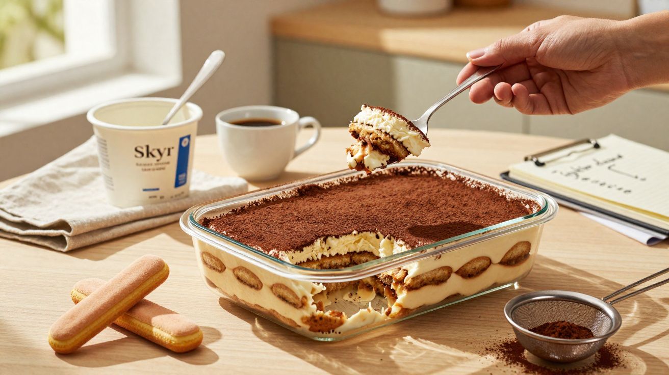 Tiramisù numa travessa de vidro com cacau em pó, palitos de champanhe, iogurte Skyr e uma chávena de café.