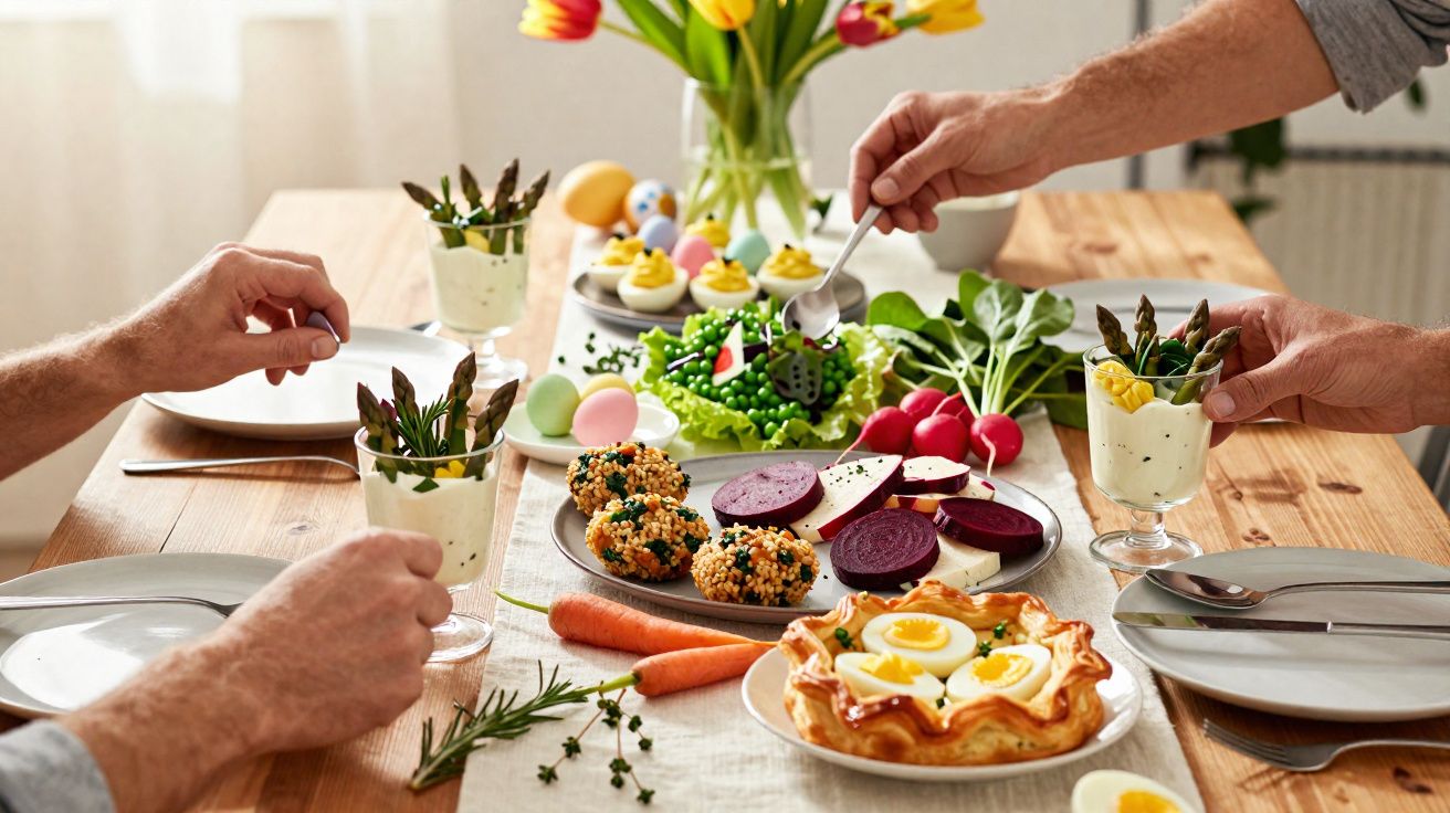 Mesa de madeira com refeição saudável, incluindo legumes, ovos, bolinhos e salada decorativa.