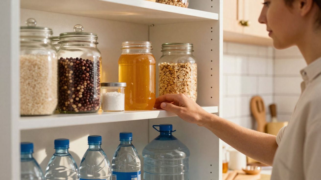 Pessoa a arrumar frascos de cereais e mel numa despensa com garrafas de água em prateleira inferior.