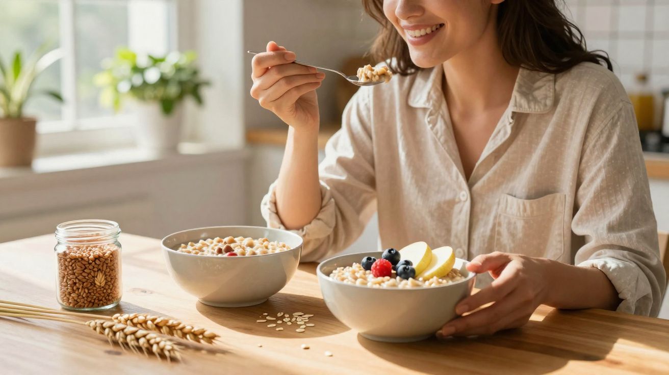 Mulher sorridente a comer papa com frutas frescas numa cozinha iluminada e acolhedora.