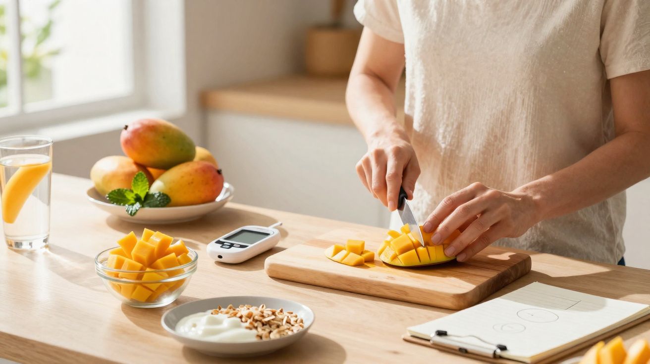 Pessoa a cortar manga em cubos numa tábua, com fruta, iogurte e medidor de glicose numa cozinha iluminada.