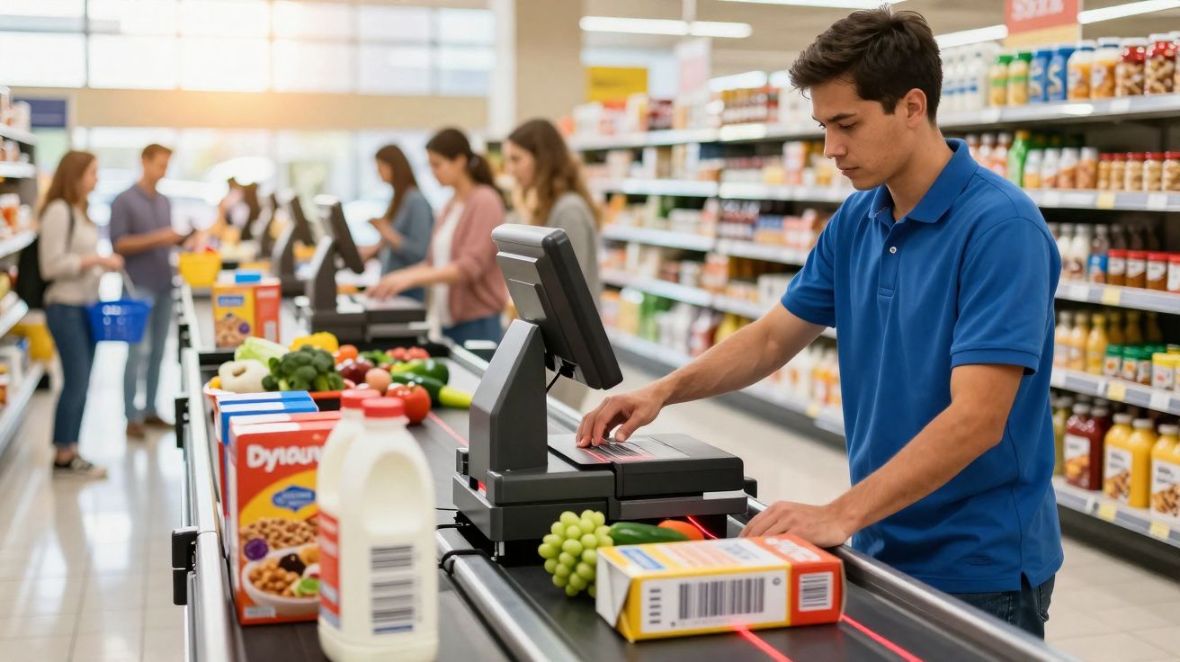 Caixa a operar numa caixa registadora, a passar produtos alimentares numa fila de supermercado.