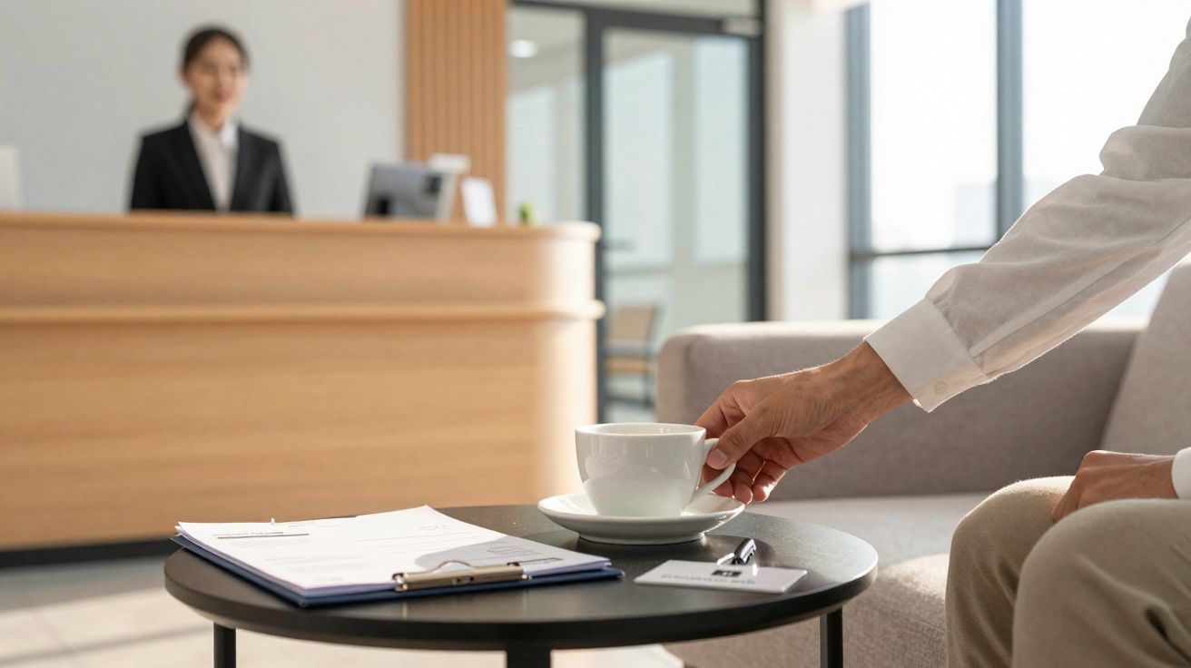 Pessoa a apanhar chávena numa mesa com papéis, caneta e crachá, com rececionista ao fundo num escritório moderno.