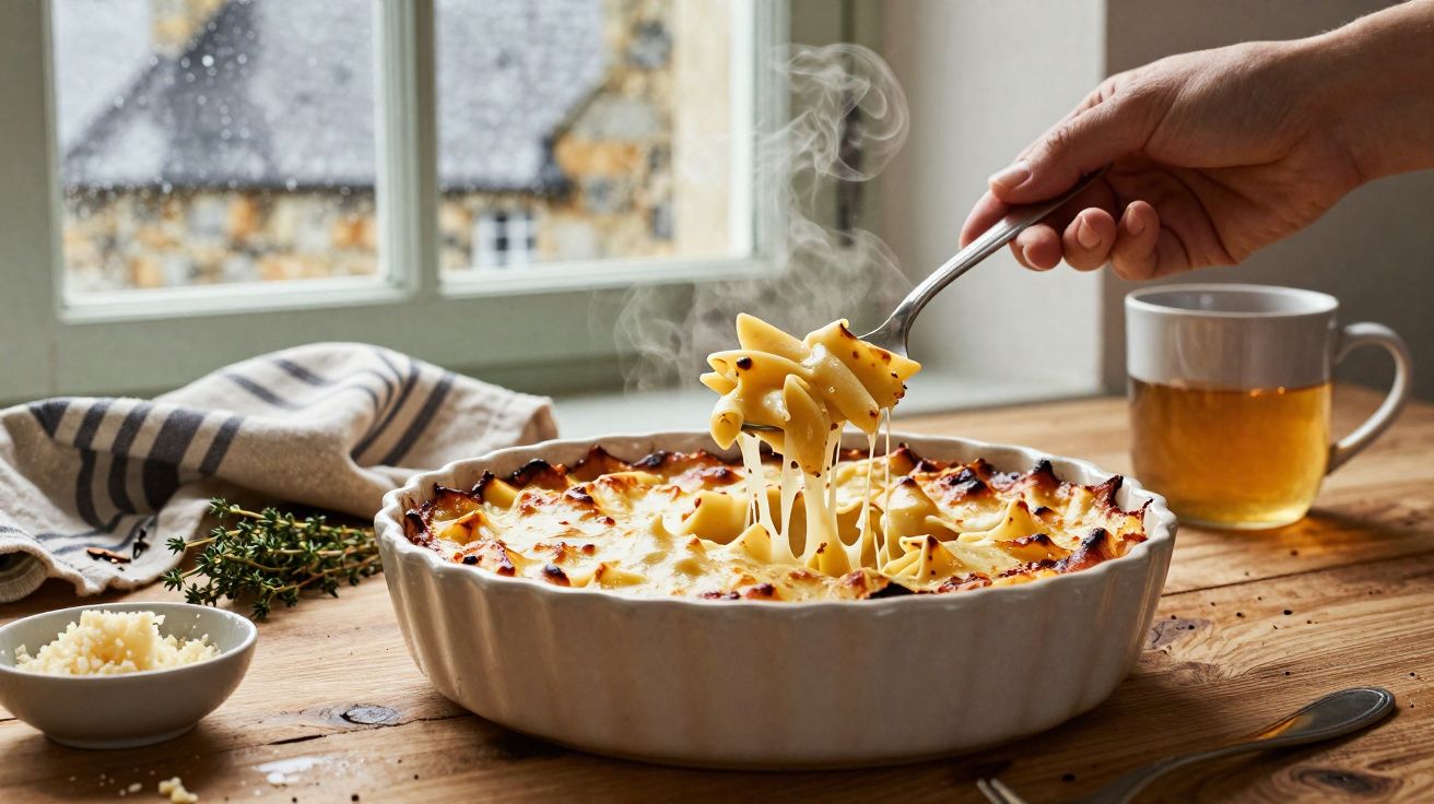 Mão a servir lasanha cremosa fumegante numa travessa branca, com chá e queijo ao lado numa mesa de madeira.
