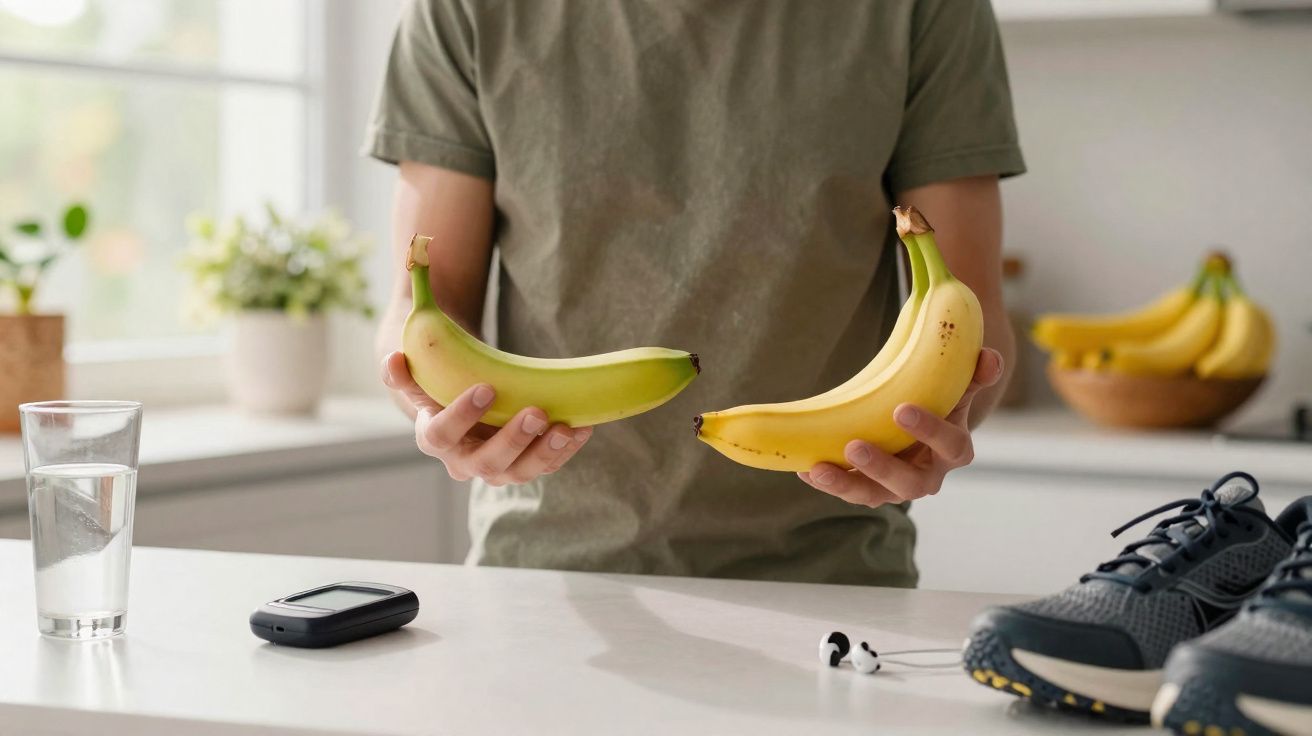 Pessoa segura duas bananas, uma verde e outra amarela, numa cozinha com ténis, copo de água e monitor de glicose.