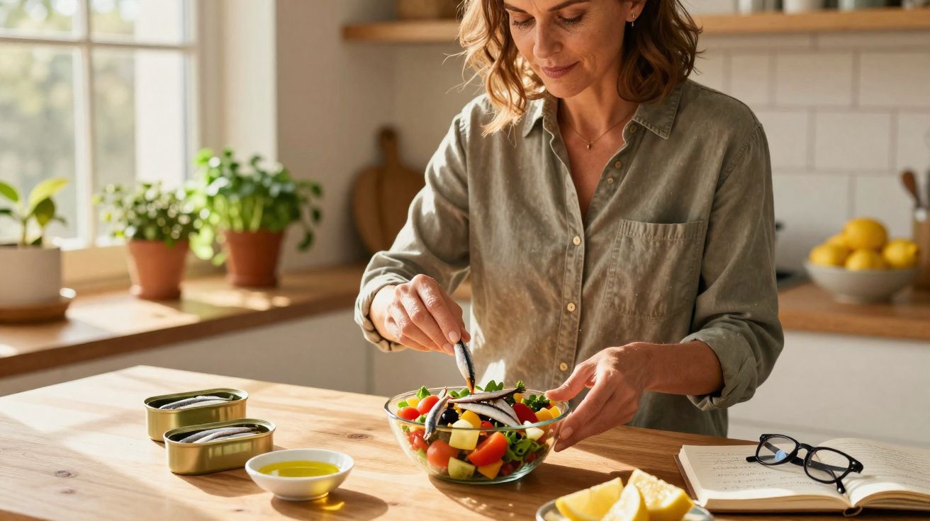 Mulher a preparar salada saudável na cozinha luminosa com livro aberto e plantas na bancada.