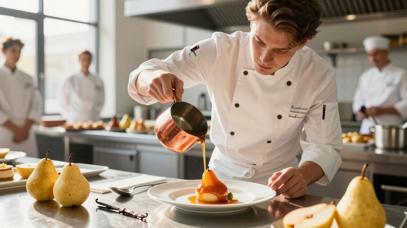Chef a decorar sobremesa com molho numa cozinha profissional, com peras e colegas ao fundo.