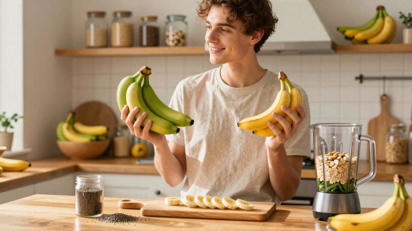 Jovem sorridente segura cachos de bananas verdes e maduras numa cozinha com ingredientes para smoothie.
