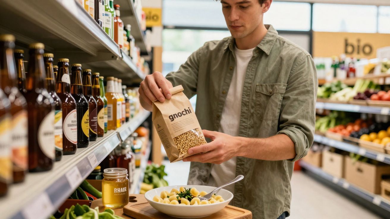 Homem de camisa verde a ler embalagem de gnocchi enquanto faz compras num supermercado bio.