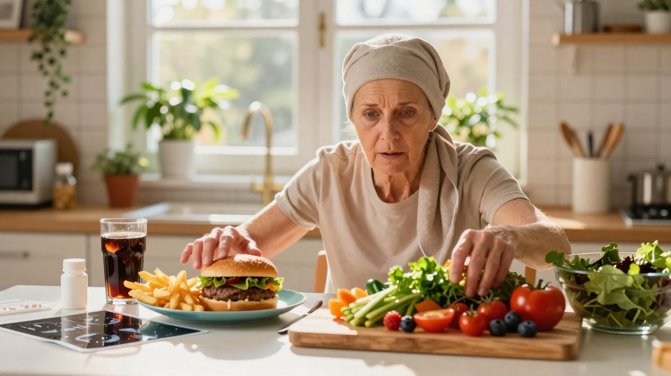 Mulher com lenço na cabeça hesita entre hambúrguer com batatas fritas e legumes frescos numa cozinha iluminada.