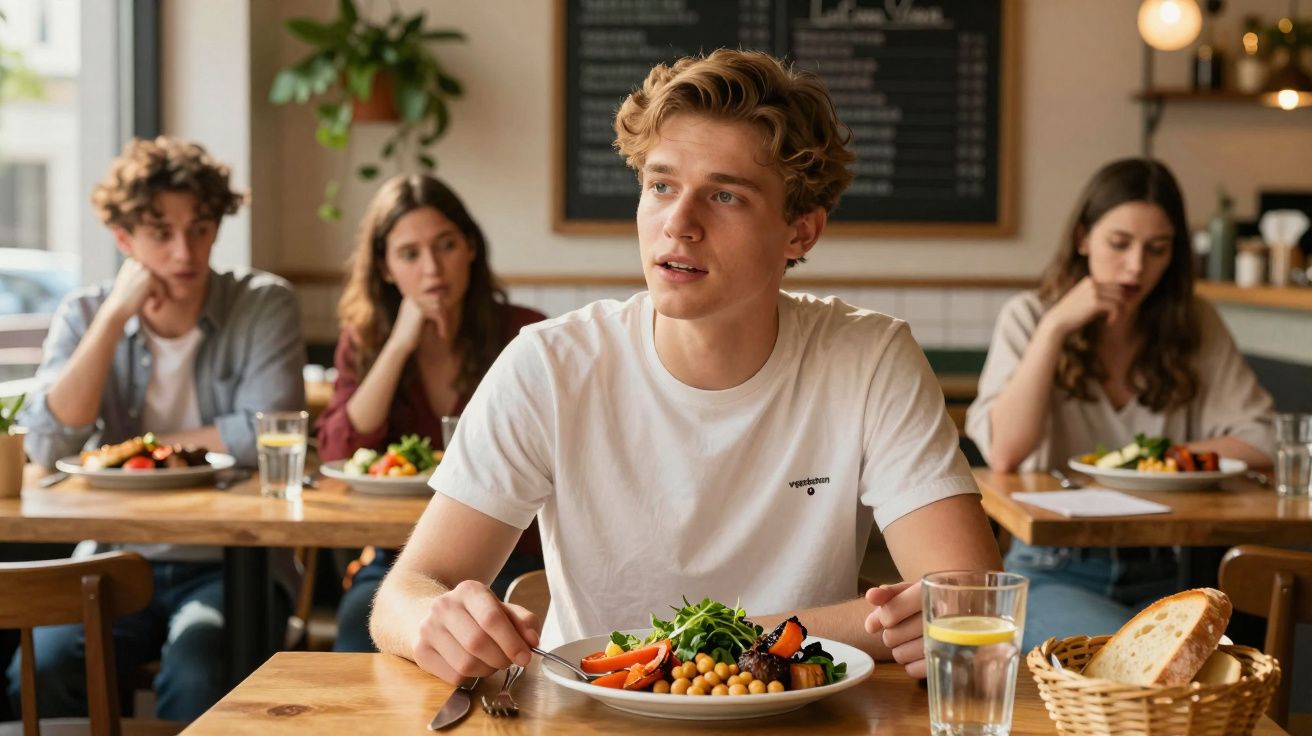 Jovem de camisa branca sentado à mesa com prato de salada, com três pessoas ao fundo num restaurante.