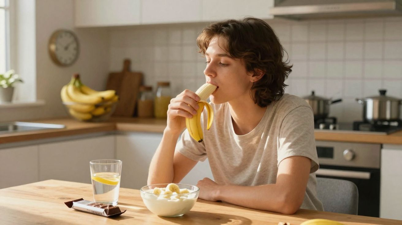 Pessoa jovem sentada a comer banana numa cozinha moderna com tigela de iogurte, copo de água e barra de chocolate na mesa.