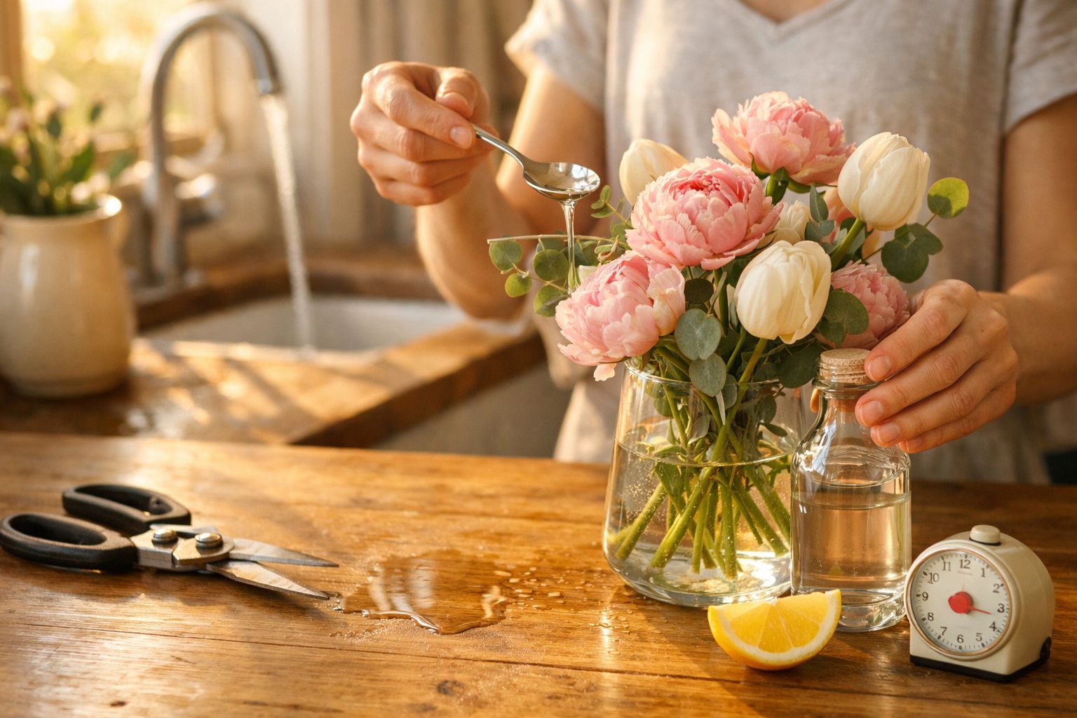 Pessoa adiciona mel a um ramo de flores rosa e brancas num jarro sobre uma mesa de madeira.